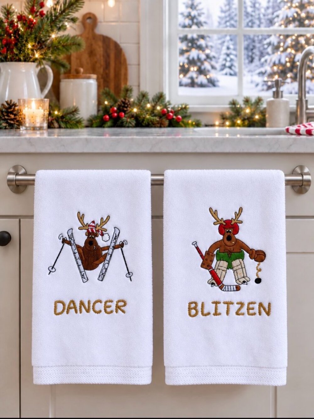 Avanti Set Of 2 Tea Towels Dancer & Blitzen Embroidered Cotton 26.5x15.5 White - Picture 2 of 12